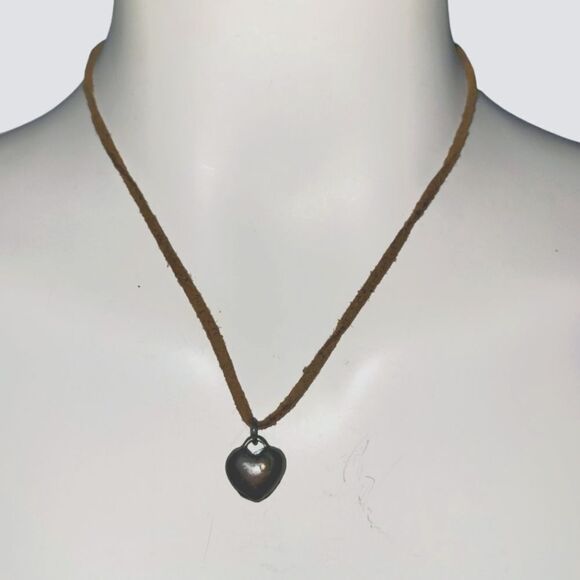 Silver Metallic Heart with Brown Leather and chain adjustable Necklace - Picture 2 of 4